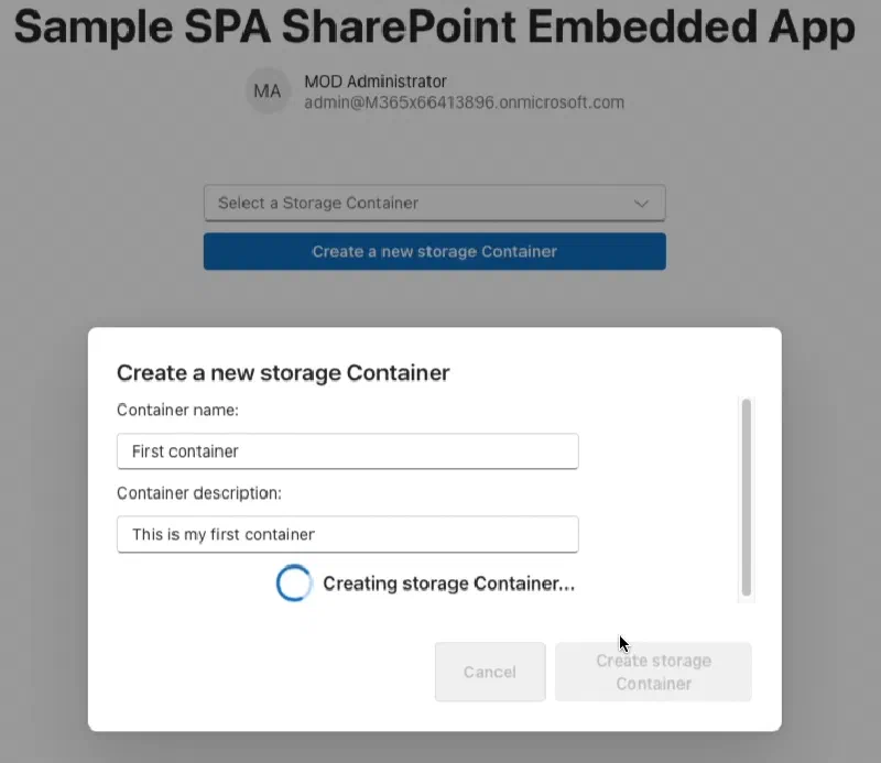 Creating a new SharePoint Embedded Container with the animated spinner control Creating a new SharePoint Embedded Container with the animated spinner control