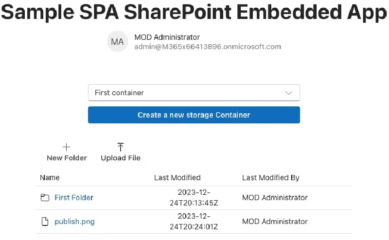 Results of uploading a new file to the Container Results of uploading a new file to the Container