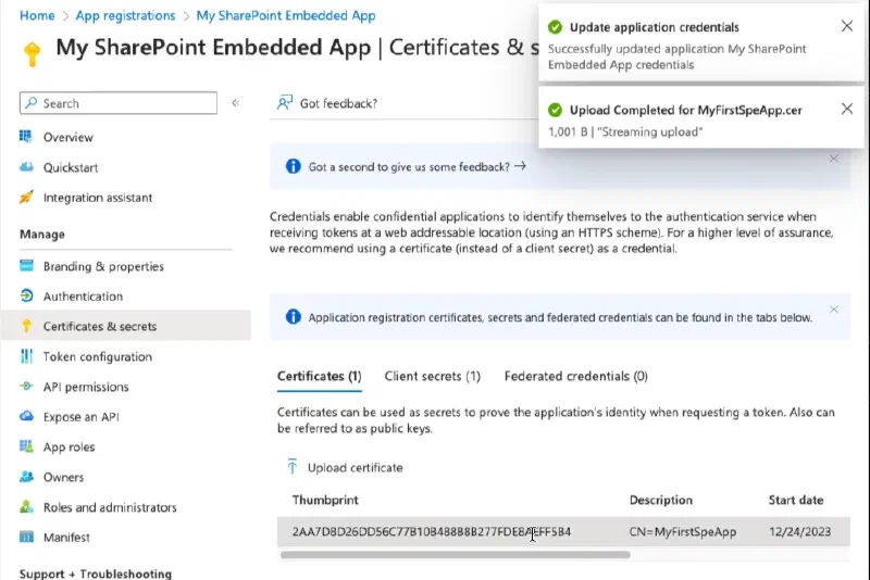 Upload the certificate to the Microsoft Entra ID application Upload the certificate to the Microsoft Entra ID application