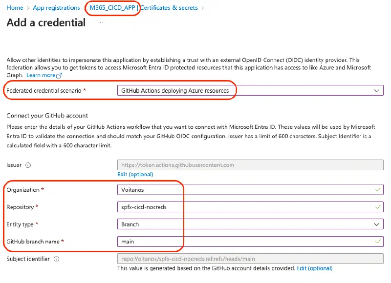 M365_CICD_APP with a single credential, federated with the GitHub IdP M365_CICD_APP with a single credential, federated with the GitHub IdP