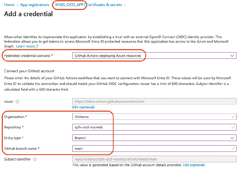 M365_CICD_APP with a single credential, federated with the GitHub IdP M365_CICD_APP with a single credential, federated with the GitHub IdP
