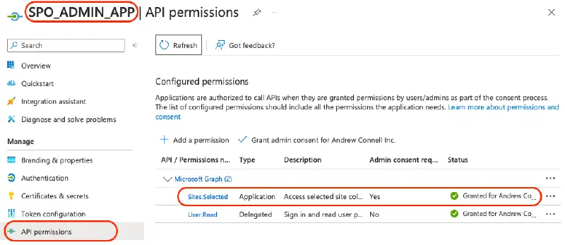 SPO_ADMIN_APP with Sites.Selected app only Permission SPO_ADMIN_APP with Sites.Selected app only Permission