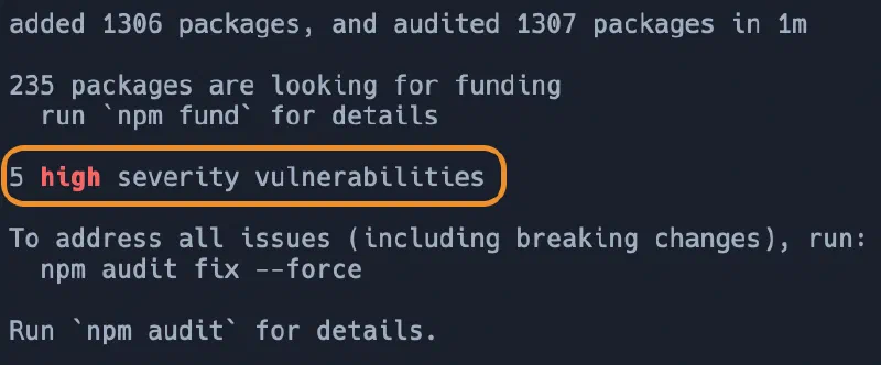 NPM Vulnerabilities post running `npm install` NPM Vulnerabilities post running `npm install`