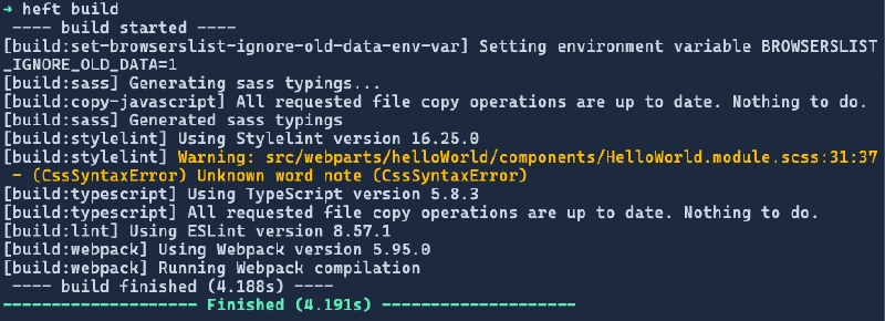 Running the stylelint as part of the **build** phase, writing it’s findings to the console Running the stylelint as part of the **build** phase, writing it’s findings to the console