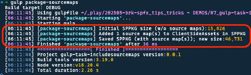 Output from the custom gulp task 'package-sourcemaps' Output from the custom gulp task 'package-sourcemaps'