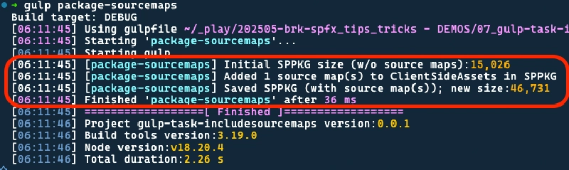 Output from the custom gulp task 'package-sourcemaps'