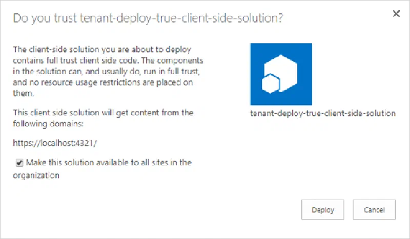 SPFx project deployment trust dialog