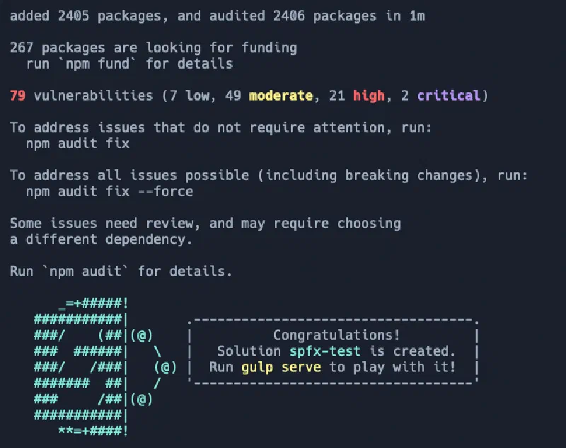 Result of npm install after creating a brand new SPFx v1.21.1 project with a single React-based web part