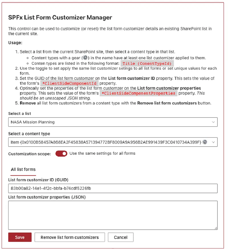 SPFx list form customizer manager web part