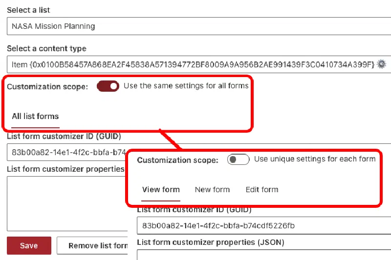 Options to apply form customization changes to all forms or specific form