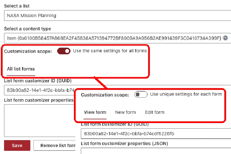 Options to apply form customization changes to all forms or specific form