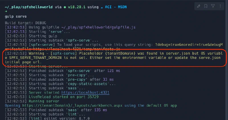 SPFx 'gulp serve' console output