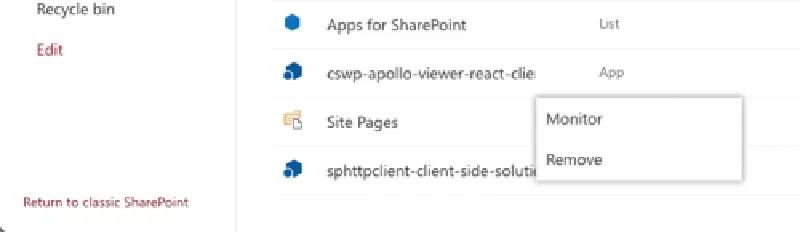 Context menu for items on the Site Contents page Context menu for items on the Site Contents page