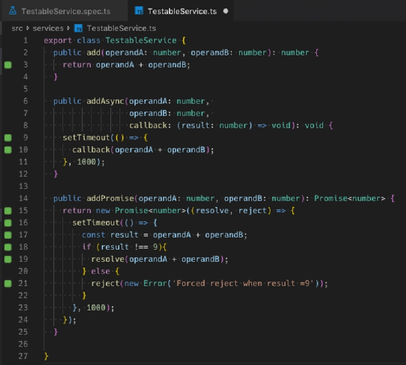 Wallaby.js showing test results in the gutter Wallaby.js showing test results in the gutter