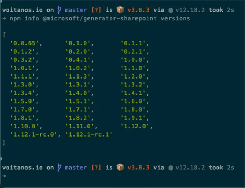Output from npm INFO VERSIONS