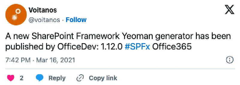 Screenshot of deleted tweet: 'A new SharePoint Framework Yeoman generator has been published by OfficeDev: 1.12.0 #SPFx Office365' Screenshot of deleted tweet: 'A new SharePoint Framework Yeoman generator has been published by OfficeDev: 1.12.0 #SPFx Office365'