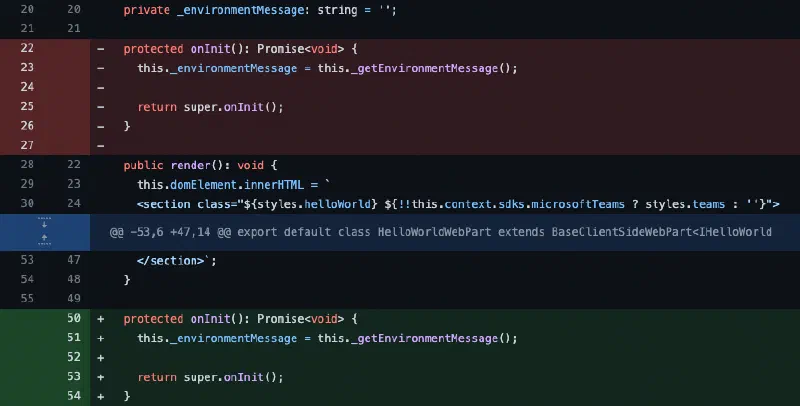 Code diff showing `onInit()` moved to come after `render()` for all new web parts, including the minimal, no framework and React template options. Code diff showing `onInit()` moved to come after `render()` for all new web parts, including the minimal, no framework and React template options.
