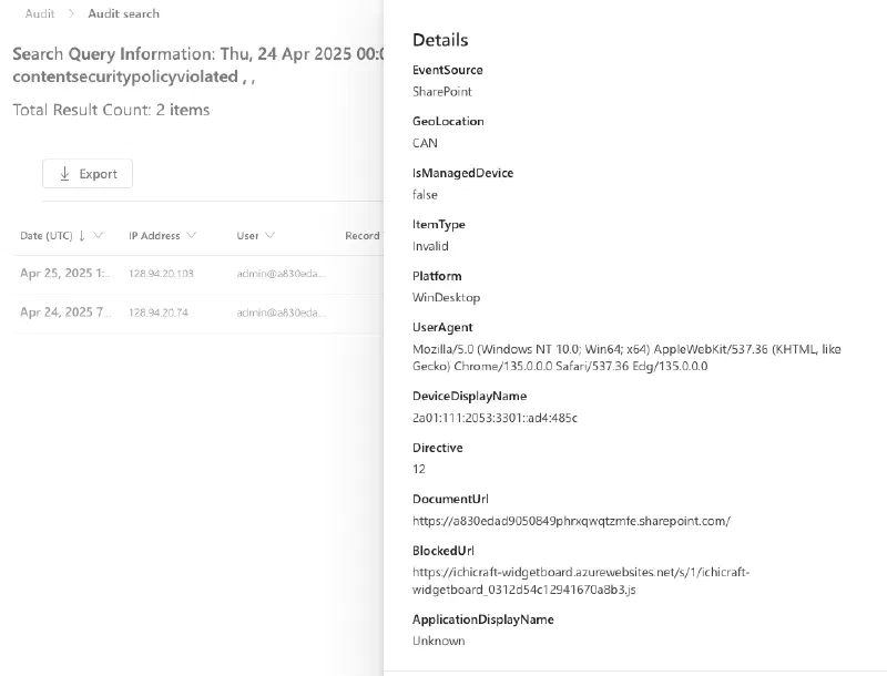 Detail view on a specific CSP violation Detail view on a specific CSP violation