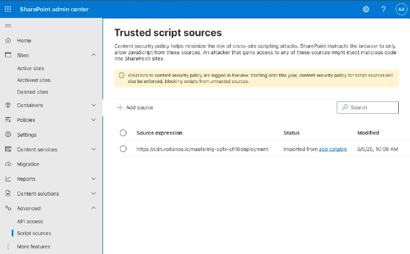 The new Trusted Script Sources page in the SharePoint Admin Center The new Trusted Script Sources page in the SharePoint Admin Center