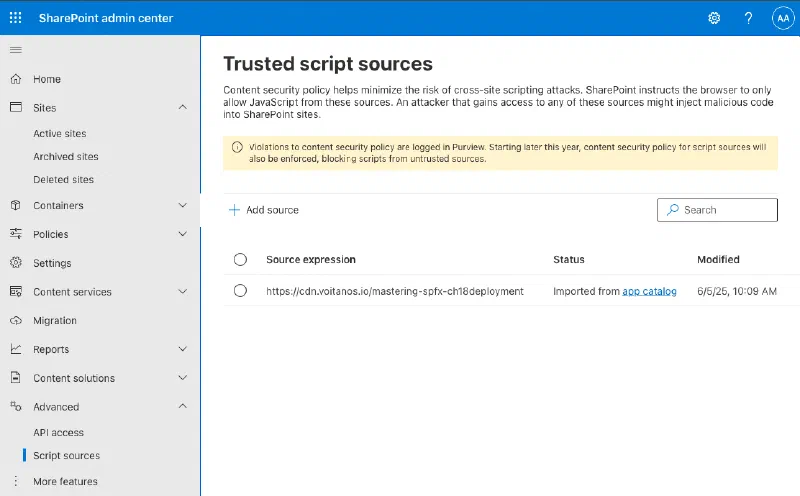 The new Trusted Script Sources page in the SharePoint Admin Center The new Trusted Script Sources page in the SharePoint Admin Center