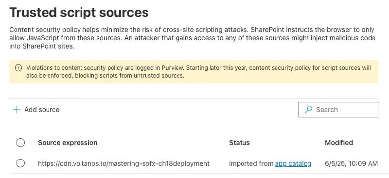 The new SharePoint Admin Center (SPAC)’s Trusted Script Sources page tenant administrators can use to manage the tenants CSP settings. The new SharePoint Admin Center (SPAC)’s Trusted Script Sources page tenant administrators can use to manage the tenants CSP settings.
