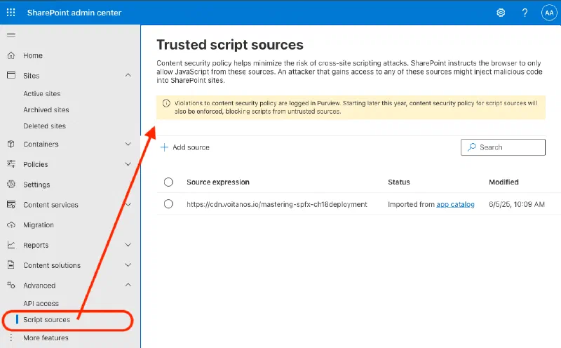Find the Trusted Script Sources page in the SharePoint Admin Center from the Script Sources navigation item under the Advanced grouping. Find the Trusted Script Sources page in the SharePoint Admin Center from the Script Sources navigation item under the Advanced grouping.