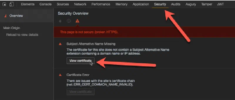Chrome > Developer Tools > Security Tab > View Certificate Chrome > Developer Tools > Security Tab > View Certificate