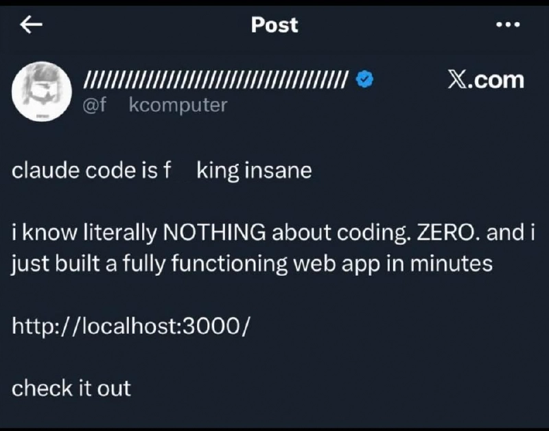 Screenshot of a tweet where a sales representative claims to have vibe coded a working web app without engineering help, illustrating the gap between vibe coding hype and production-grade engineering Screenshot of a tweet where a sales representative claims to have vibe coded a working web app without engineering help, illustrating the gap between vibe coding hype and production-grade engineering
