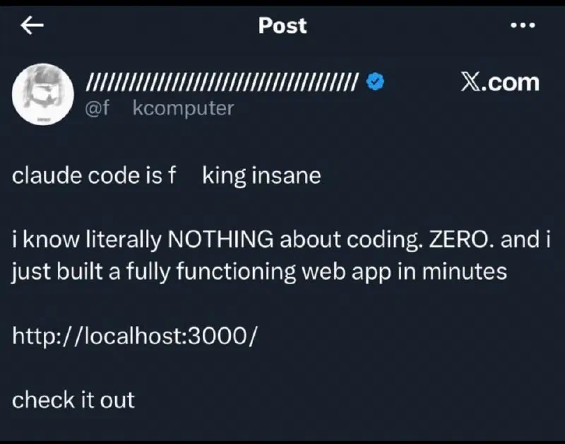 Screenshot of a tweet where a sales representative claims to have vibe coded a working web app without engineering help, illustrating the gap between vibe coding hype and production-grade engineering