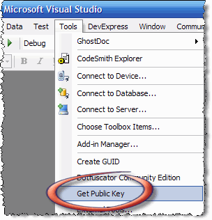 Get Public Key menu item in the Visual Studio Tools menu Get Public Key menu item in the Visual Studio Tools menu