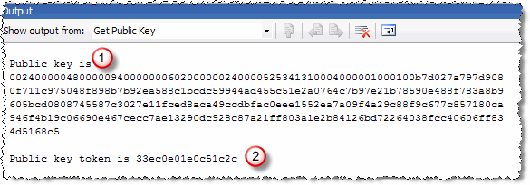 Results of Get Public Key menu item in the output window Results of Get Public Key menu item in the output window