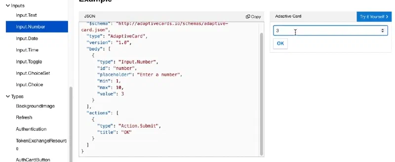 Input.Number Adaptive Card element Input.Number Adaptive Card element