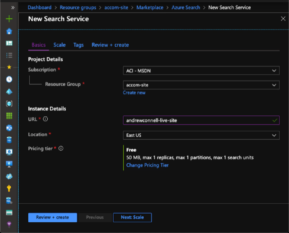 Create new Azure Search resource