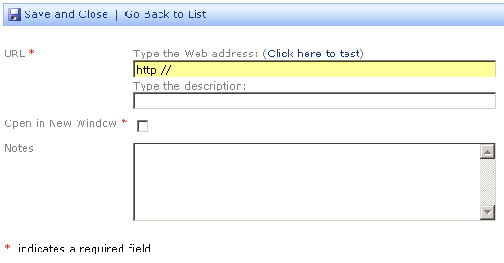 Figure 4: New Item form with New 'Open In New Window' Field