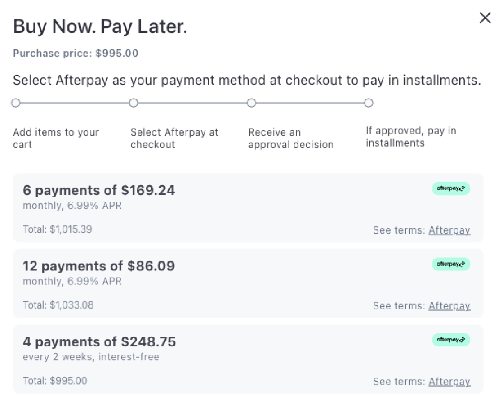 Now Accepting Payment Plans via Afterpay!
