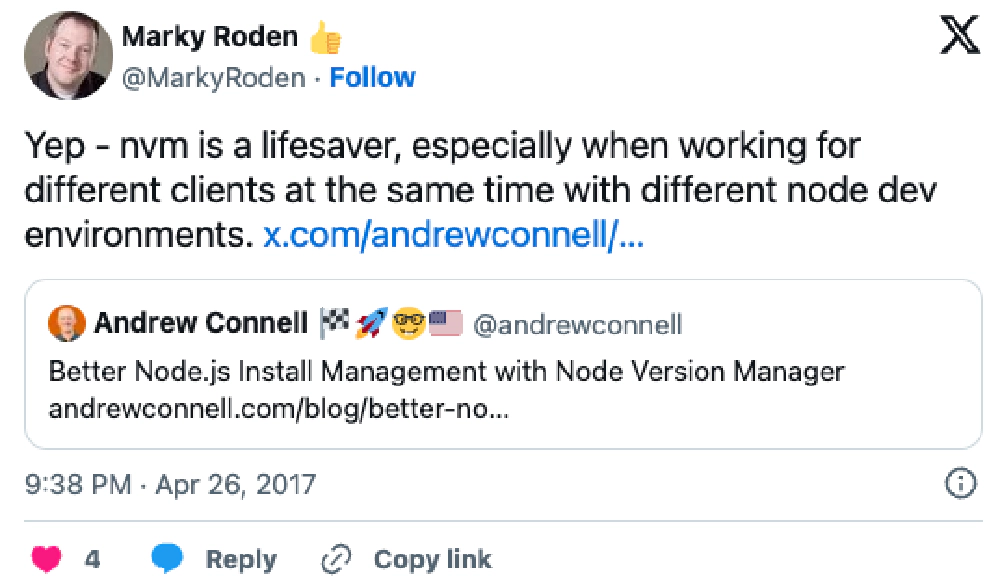 Screenshot of deleted tweet: 'Yep - nvm is a lifesaver, especially when working for different clients at the same time with different node dev environments.' Screenshot of deleted tweet: 'Yep - nvm is a lifesaver, especially when working for different clients at the same time with different node dev environments.'