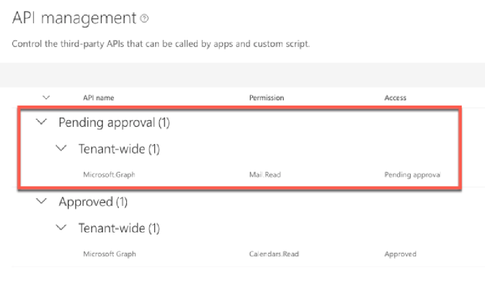 API Management page in the Microsoft 365 Portal