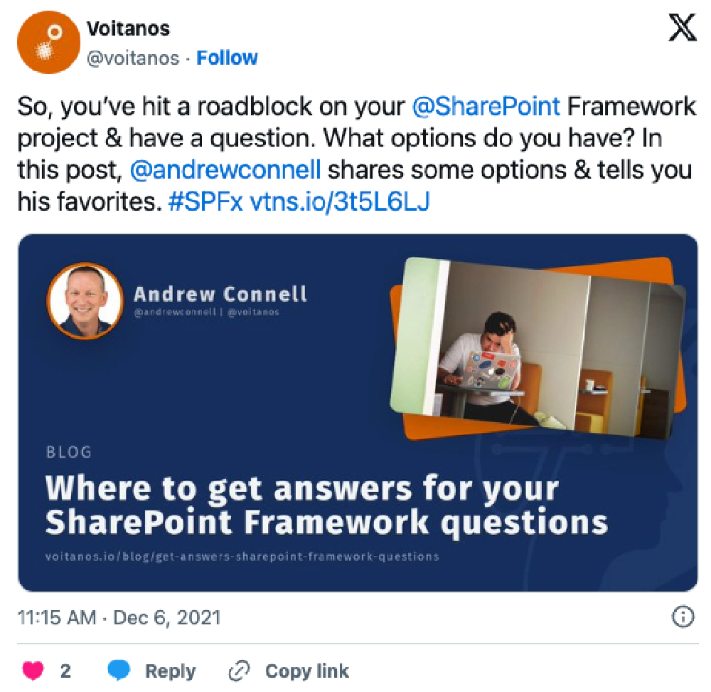 Screenshot of deleted tweet: 'So, you’ve hit a roadblock on your @SharePoint Framework project & have a question. What options do you have? In this post, @andrewconnell shares some options & tells you his favorites. #SPFx https://vtns.io/3t5L6LJ' Screenshot of deleted tweet: 'So, you’ve hit a roadblock on your @SharePoint Framework project & have a question. What options do you have? In this post, @andrewconnell shares some options & tells you his favorites. #SPFx https://vtns.io/3t5L6LJ'