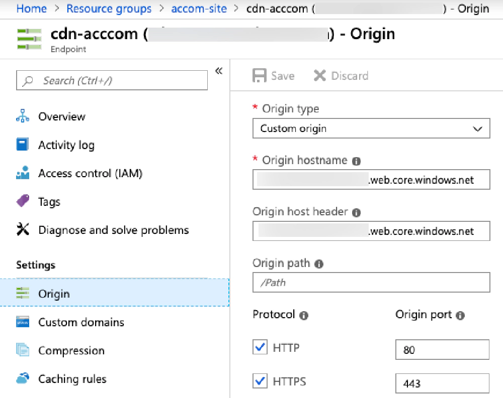 Azure CDN Endpoint Origin settings