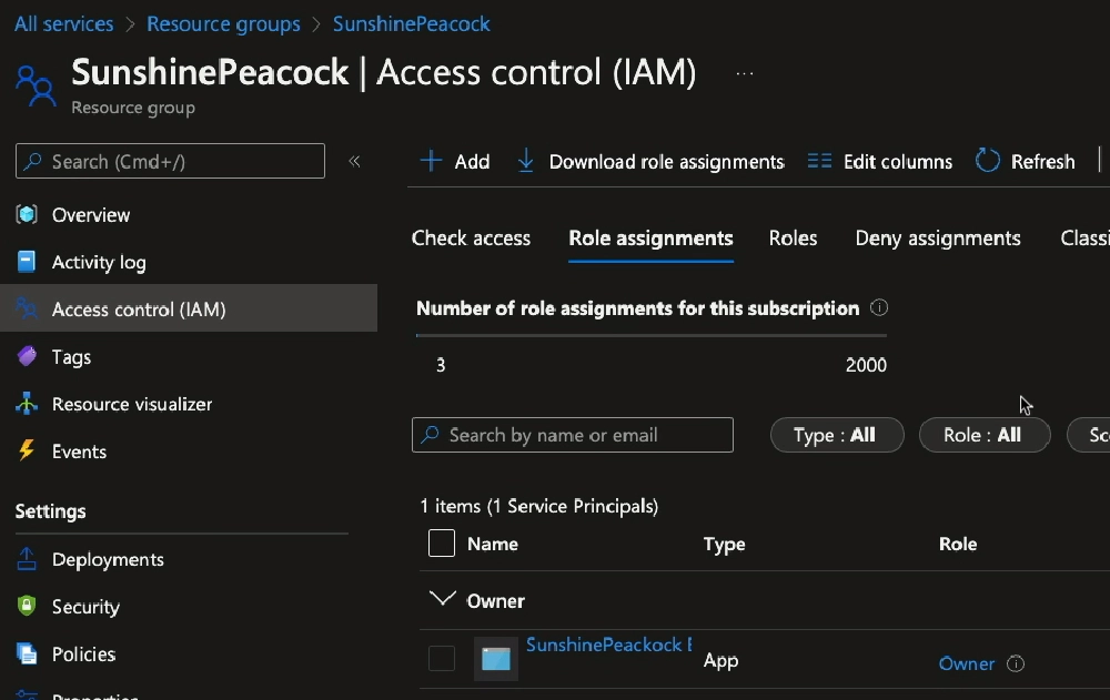 RBAC configuration granting the Azure AD app owner rights over the resource group