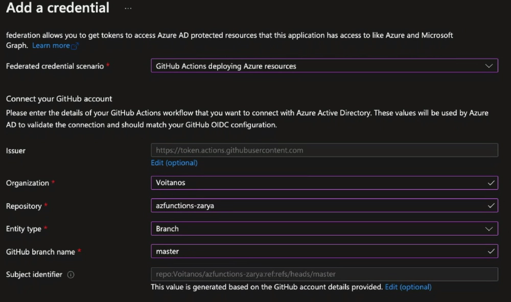 Configure a federated credential for an Azure AD app to trust a specific Github branch in a repository