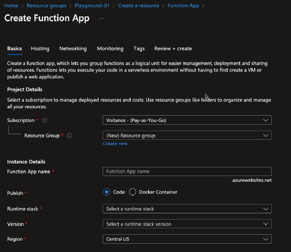 Azure Portal - create Azure Function App
