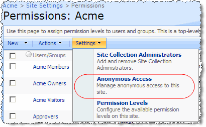 Figure 9 – Anonymous Access menu option on the Permissions Settings menu