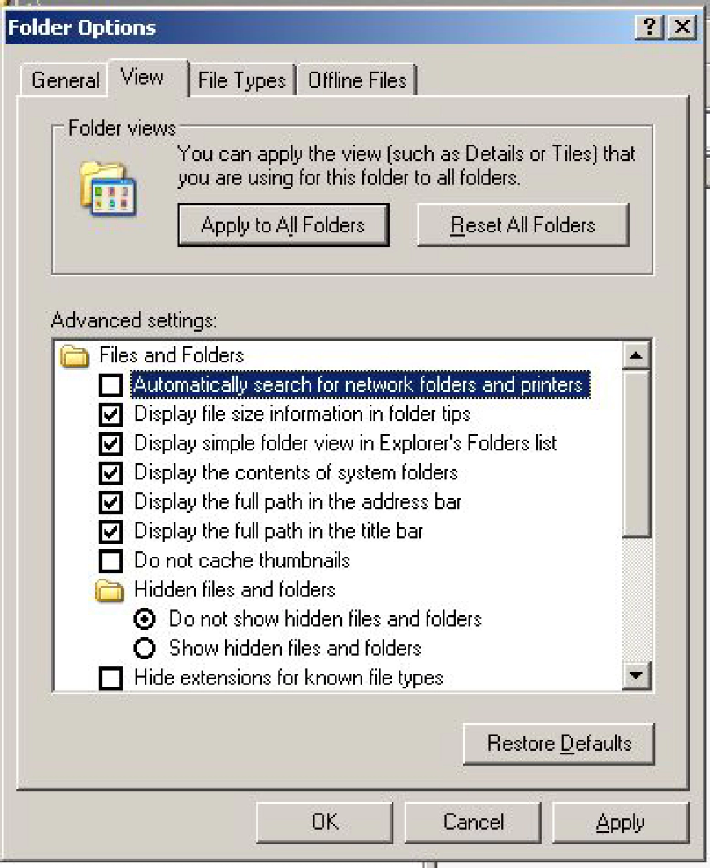 Folder Options - View