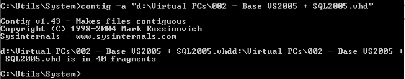 Defragmentation results from the Sysinternals utility 'contig' Defragmentation results from the Sysinternals utility 'contig'