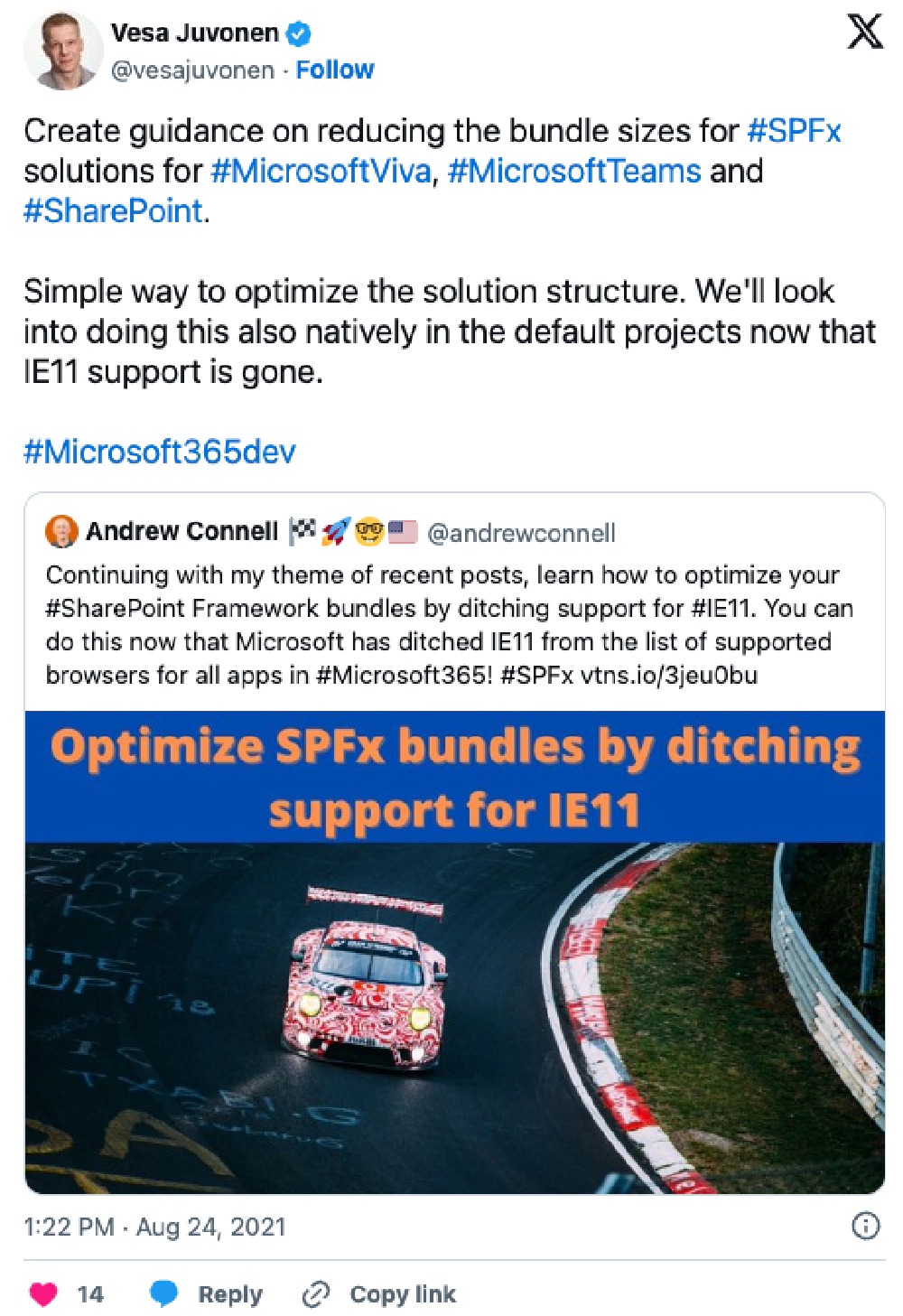 Screenshot of deleted tweet: 'Create guidance on reducing the bundle sizes for #SPFx solutions for #MicrosoftViva, #MicrosoftTeams and #SharePoint. Simple way to optimize the solution structure. We'll look into doing this also natively in the default projects now that IE11 support is gone. #Microsoft365dev' Screenshot of deleted tweet: 'Create guidance on reducing the bundle sizes for #SPFx solutions for #MicrosoftViva, #MicrosoftTeams and #SharePoint. Simple way to optimize the solution structure. We'll look into doing this also natively in the default projects now that IE11 support is gone. #Microsoft365dev'