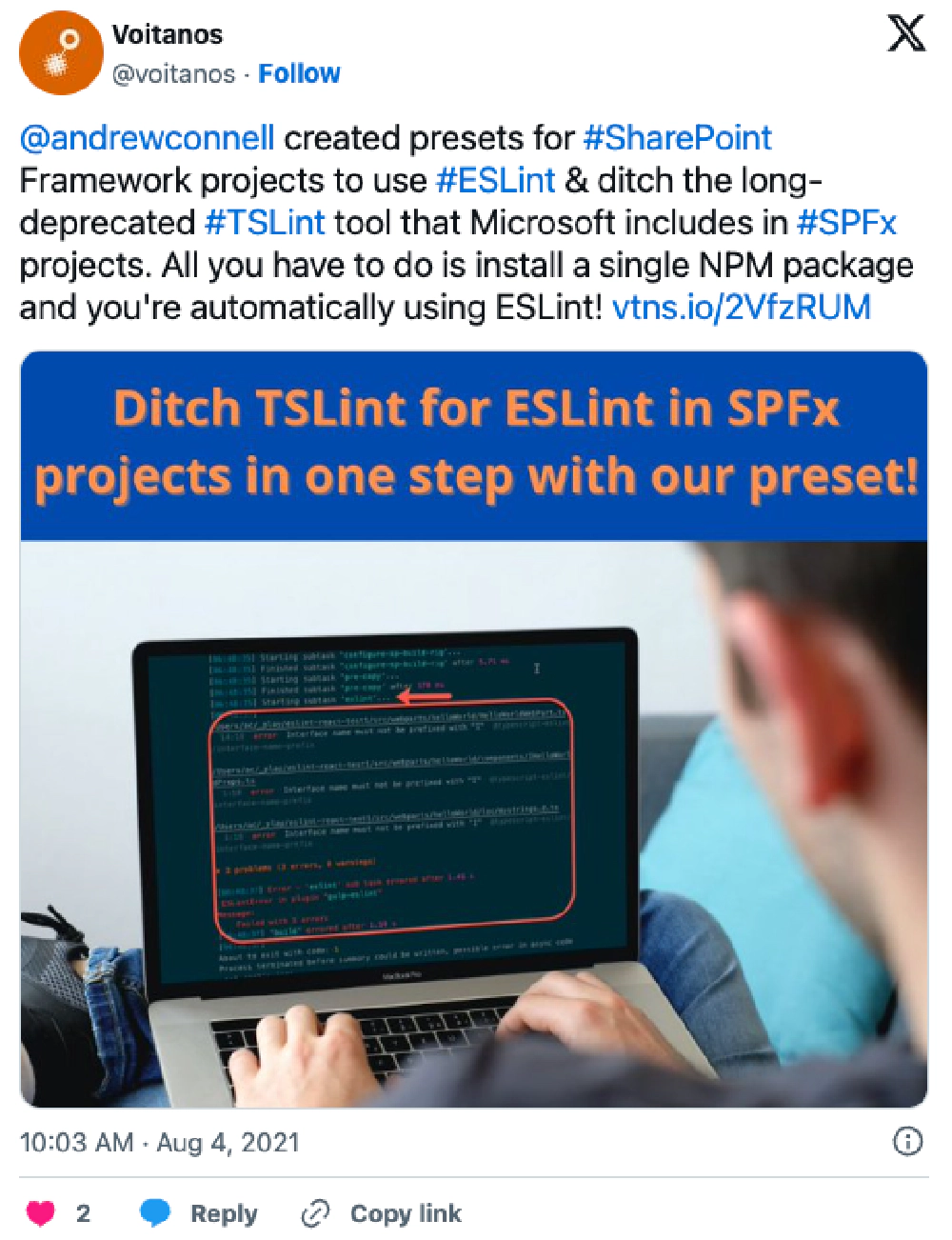 Screenshot of deleted tweet: '@andrewconnell created presets for #SharePoint Framework projects to use #ESLint & ditch the long-deprecated #TSLint tool that Microsoft includes in #SPF projects. All you have to do is install a single NPM package and you're automatically using ESLint! https://vtns.io/2VfzRUM' Screenshot of deleted tweet: '@andrewconnell created presets for #SharePoint Framework projects to use #ESLint & ditch the long-deprecated #TSLint tool that Microsoft includes in #SPF projects. All you have to do is install a single NPM package and you're automatically using ESLint! https://vtns.io/2VfzRUM'