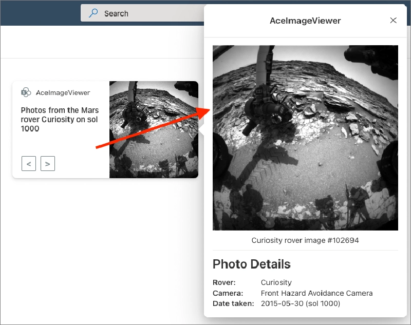 ACE Image Card displaying dynamic images from Mars rovers with the NASA Open API ACE Image Card displaying dynamic images from Mars rovers with the NASA Open API