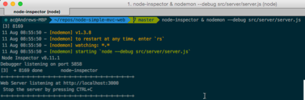 Using nodemon & node-inspector