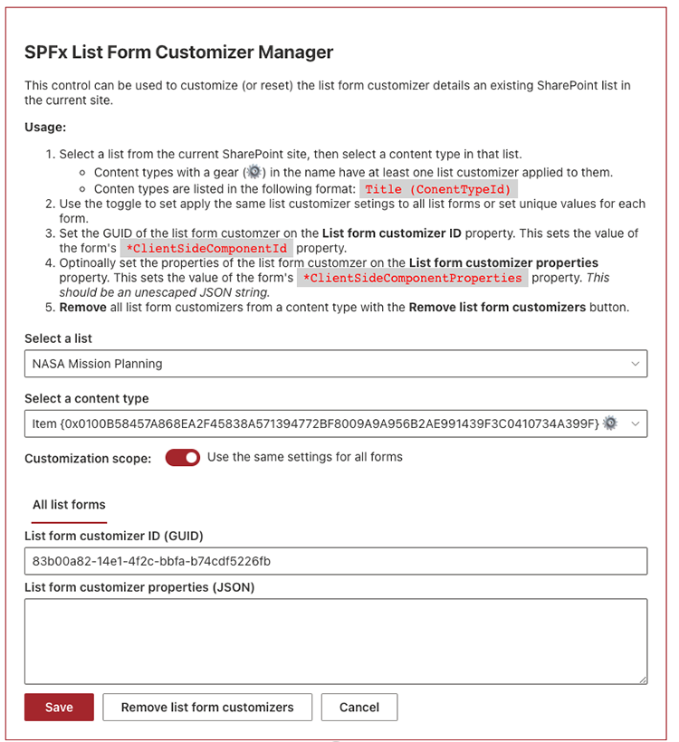 SPFx list form customizer manager web part